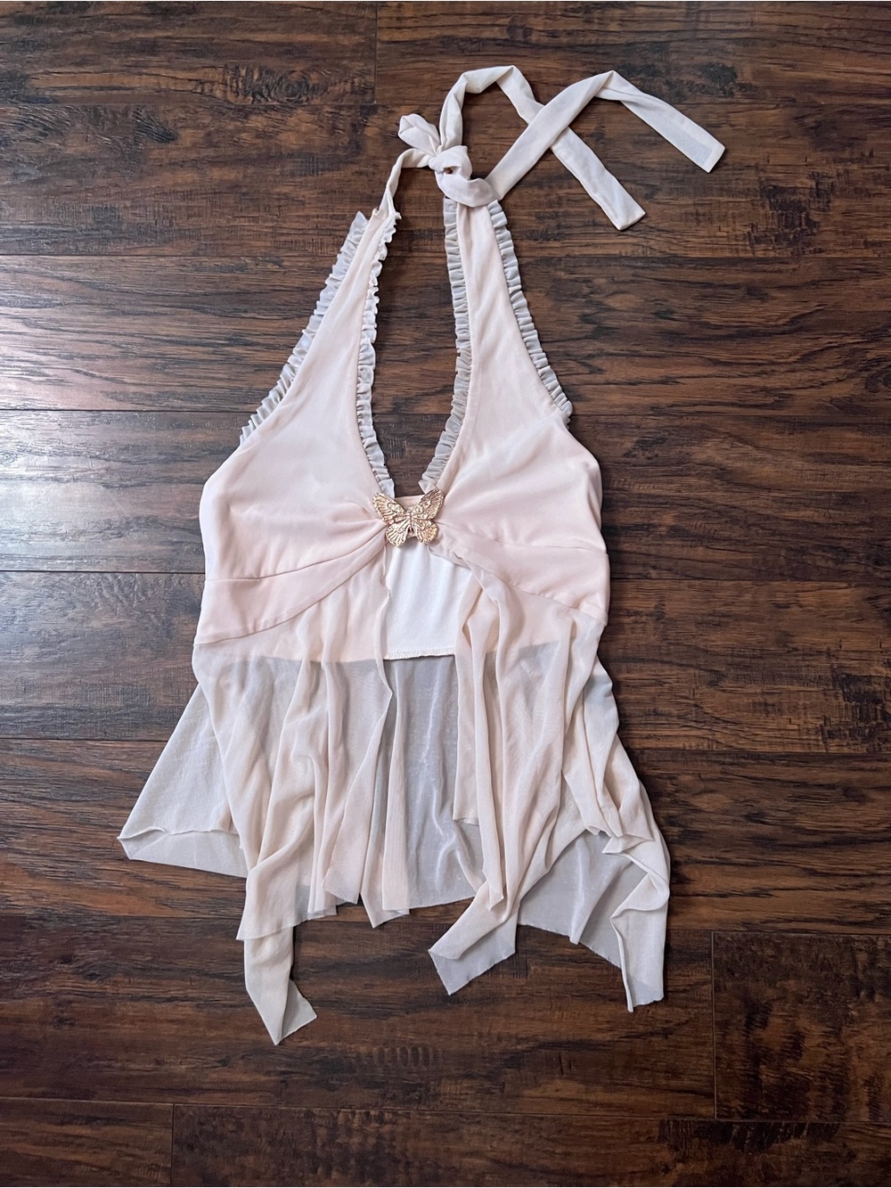 SHEIN Light Pink Ruffled Halter Tank with Butterfly Accent